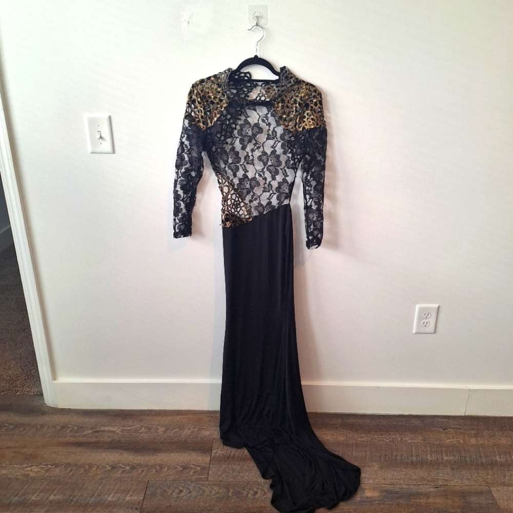 Sexy Lace Spliced Open Back Black Fishtail Dress Small